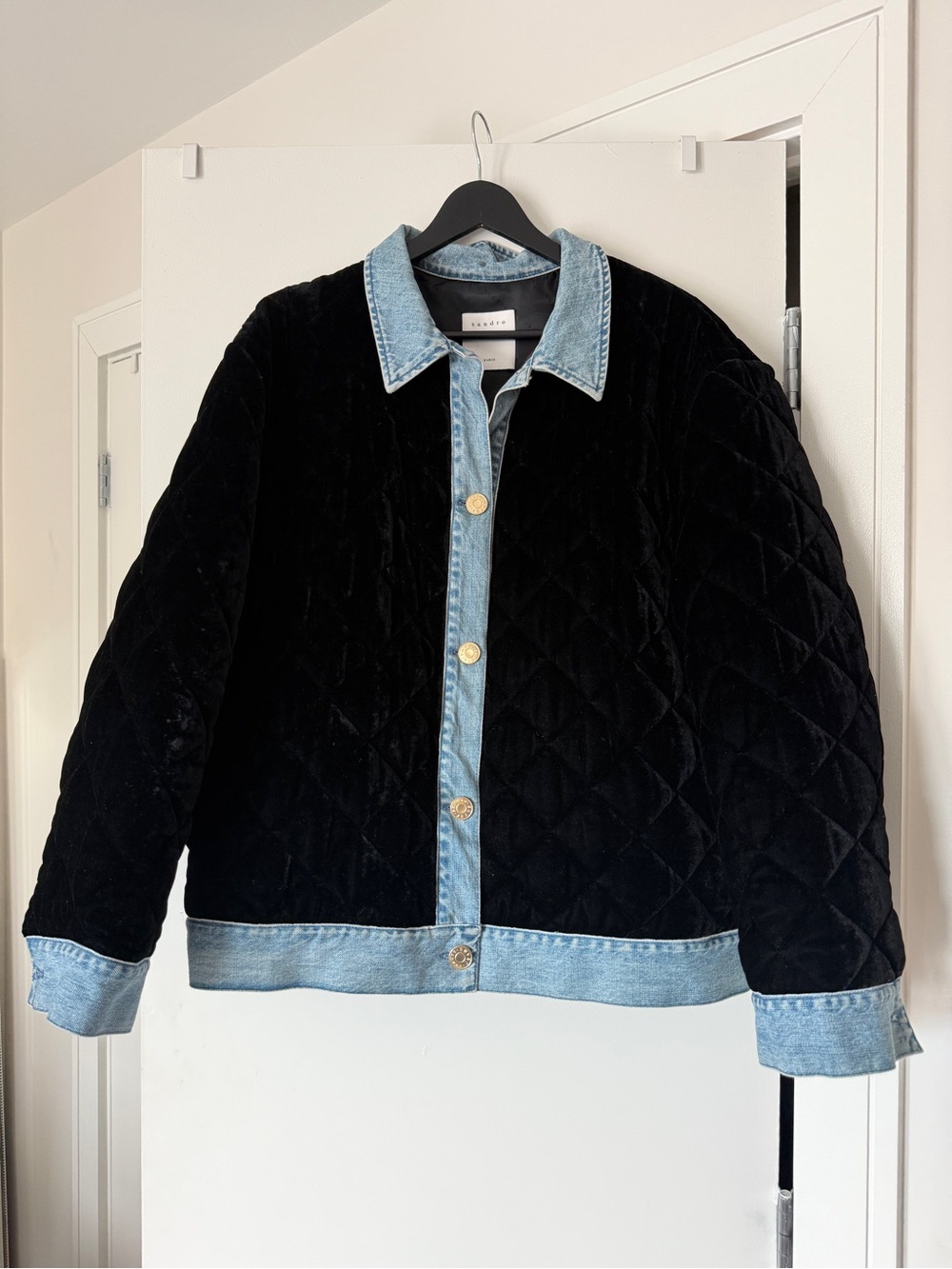 Sandro Quilted Velvet and Denim Jacket 42 US 10